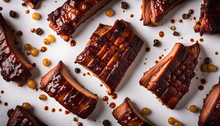 Close-up of glazed ribs on a white background with sauce drippings and peppercorns.の写真素材