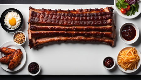 A plate of grilled pork ribs with a variety of side dishes, including fried potatoes, a fried egg,...