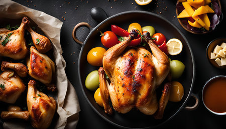 Close-up of a roasted chicken on a black plate with vegetables and a side of gravy.の写真素材