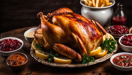 A roasted chicken dinner feast featuring a golden brown chicken, side dishes, and a rustic setting.の写真素材