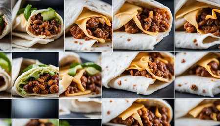 Close-up view of a variety of delicious burritos with beef, cheese, and lettuce. The burritos are wrapped in white tortillas and are arranged in a collage-like pattern. The image is perfect for food blogs, recipe websites, and any marketing materials related to Mexican cuisine.の写真素材