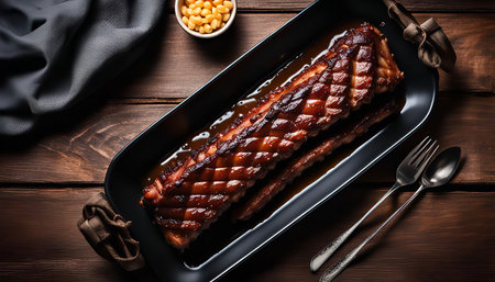 A close-up shot of juicy glazed pork ribs served on a black plate. The ribs are glistening with a sweet and savory glaze, making them irresistible.の写真素材