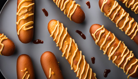 Close up shot of caramel covered items on a plate.の写真素材
