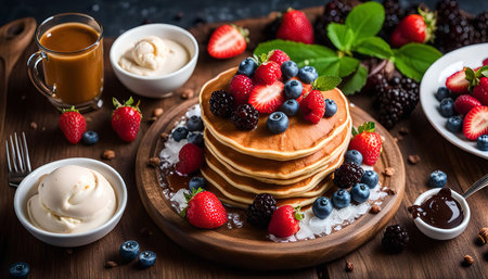 A mouthwatering stack of pancakes topped with fresh berries, a scoop of vanilla ice cream, and a drizzle of chocolate syrup. The pancakes are perfectly golden brown and fluffy, and the berries add a burst of sweetness and freshness. A cup of coffee and a bowl of whipped cream complete this delicious breakfast or dessert.の写真素材