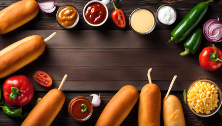A flat lay shot of corn dogs and their various toppings displayed around a wooden surface. The ingredients include ketchup, mustard, mayonnaise, sour cream, jalapenos, red onion, corn and tomatoes.の写真素材