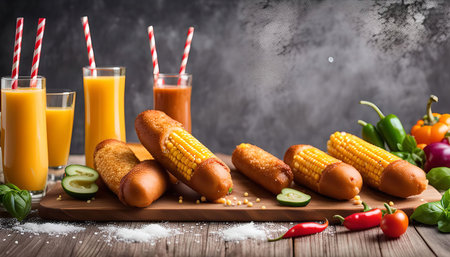 A close-up shot of delicious corn dogs, with a variety of juices and fresh ingredients, on a wooden cutting board. The image is a beautiful representation of food photography, capturing the vibrant colors and textures of the meal.の写真素材