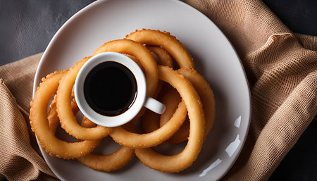 Close-up overhead shot of a plate of crispy fried onion rings with a cup of coffee.の写真素材