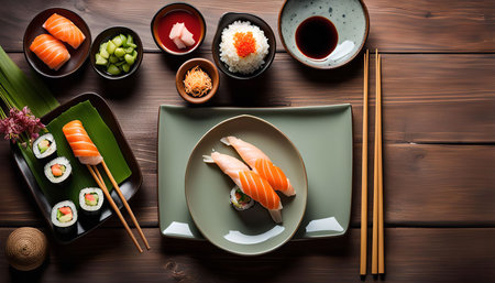 A spread of fresh and delicious sushi rolls and nigiri on a wooden table with chopsticks and other condiments.の写真素材