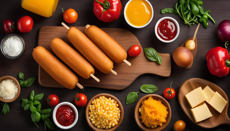 A flatlay image showing all the necessary ingredients for making a classic American corn dog meal. The ingredients include corn dogs, cheese, ketchup, corn kernels, onions, tomatoes, red bell peppers and basil, all arranged neatly on a wooden surface.の写真素材