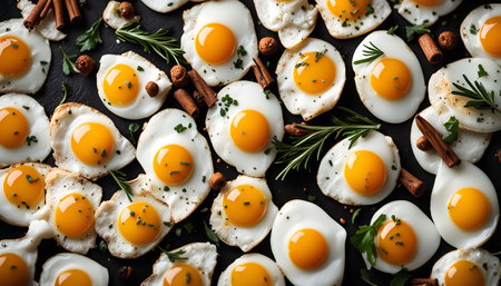 Close-up of perfectly fried sunny-side up eggs arranged on a black surface, garnished with fresh rosemary, parsley, cinnamon sticks, and peppercorns.の写真素材