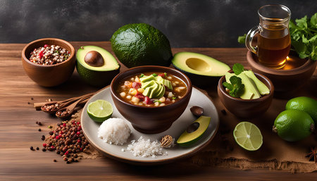 A bowl of steaming Mexican soup with avocado, lime, and other ingredients is presented on a wooden table. The vibrant colors and textures of the food make for a delicious and inviting scene.の写真素材