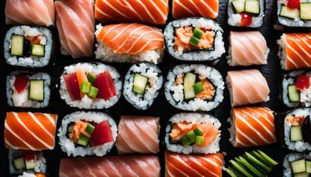 Close-up of a variety of sushi rolls arranged on a black plate. The rolls feature a range of fillings, including salmon, tuna, cucumber, avocado, and shrimp.の写真素材