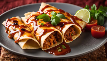 Close-up of three enchiladas on a plate with tomato and lime garnish.の写真素材