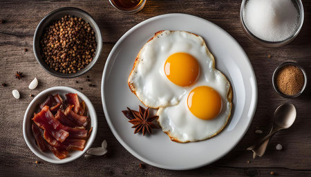 A plate of two perfectly fried eggs with golden yolks, accompanied by crispy bacon, star anise, and other spices, all arranged on a rustic wooden table.の写真素材