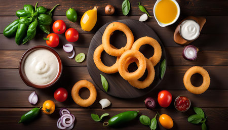 A plate of crispy onion rings surrounded by various dipping sauces and fresh ingredients on a wooden table.