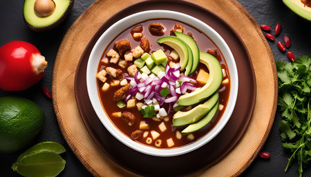 Close-up shot of a delicious Mexican soup with avocado, red onion, cilantro and chiles. The soup is in a white bowl on a wooden plate. The soup is steaming and looks very appetizing.の写真素材
