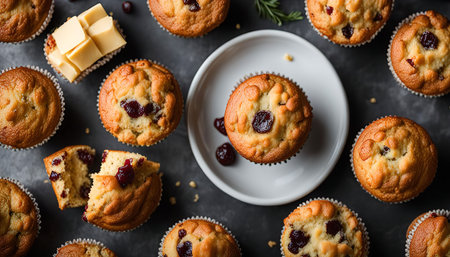 Overhead view of a plate of delicious cranberry muffins with a side of butter, this shot is a great representation of a classic snackの写真素材