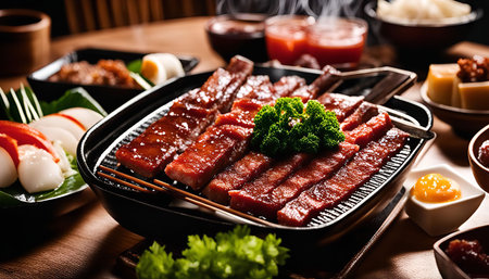A close-up of a black plate of grilled pork belly, sliced and ready to eat. The dish is set on a wooden table. A variety of other side dishes can be seen on the table as well.の写真素材
