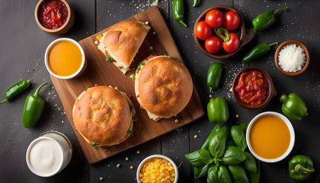 A close-up shot of a delicious food arrangement featuring sandwiches, tomatoes, peppers, basil,...