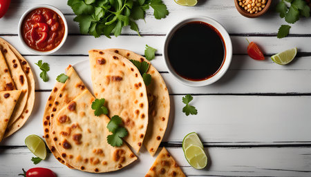 A plate of flatbreads with a variety of sauces and garnishes arranged on a wooden table.