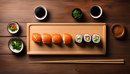A platter of sushi rolls with salmon nigiri, avocado maki, and cucumber maki, arranged on a wooden background with soy sauce, wasabi, ginger, and chopsticks.の写真素材
