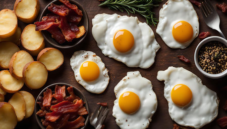 A close-up shot of a delicious breakfast with fried eggs, bacon, and potatoes, a classic and satisfying meal.の写真素材