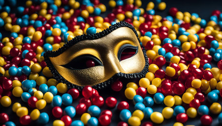 A golden Venetian mask rests on a bed of colorful candies, creating a festive and whimsical scene.の写真素材