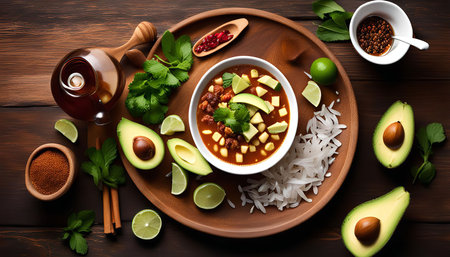 A bowl of chili with avocado, lime and rice on a wooden tableの写真素材