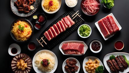 Close-up shot of a beautiful arrangement of different Japanese dishes, featuring sashimi, pork, noodles, rice, and other culinary delights.の写真素材