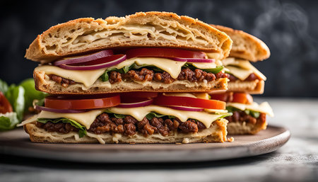 A close-up image of a delicious sandwich with layers of meat, cheese, tomato, and onion. The sandwich is perfectly cooked and ready to be enjoyed.の写真素材