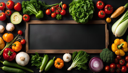 A variety of fresh vegetables surrounding a black chalkboard on a dark background. The scene is bright and colorful, suggesting a healthy and wholesome meal.の写真素材