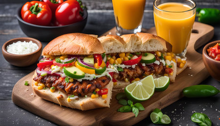 A close-up shot of a delicious Mexican sandwich with grilled chicken, corn, red peppers, onions, and lime. The sandwich is placed on a wooden cutting board and served with salsa, jalapeno peppers.の写真素材