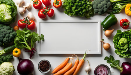 A flat lay of fresh vegetables surrounding a white frame, perfect for a food blog or recipe website.の写真素材