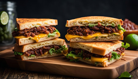 Close-up of four delicious grilled cheese sandwiches with meat and cheese on a wooden board. The sandwiches are toasted and golden brown with melted cheese and a filling of meat and lettuce.の写真素材