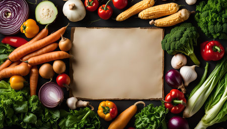 A collection of fresh vegetables arranged around a rustic paper on a dark background, creating a visually appealing and healthy backdrop for culinary inspiration.の写真素材