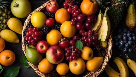 A basket overflowing with a variety of fresh fruits, including apples, oranges, bananas, pears, grapes, plums, mangoes, pineapples, and berries. The vibrant colors and textures create a beautiful still life image, highlighting the deliciousness and nutritional value of these fruits.の写真素材