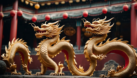 Two golden dragons, sculpted in a traditional Chinese style, adorn the entrance of a temple. They are a symbol of power, strength and good fortune in Chinese culture.の写真素材