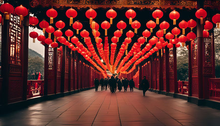 A pathway lined with traditional red lanterns, creating a beautiful and festive atmosphere during a celebration in Chinaの写真素材