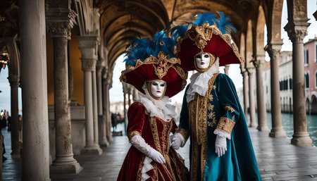 A couple in elaborate Venetian Carnival costumes, standing in a grand setting, showcasing the vibrant colors and artistry of the festival.の写真素材