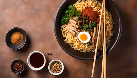 A bowl of ramen with meat, egg, and vegetables, ready to be enjoyed. The ramen is garnished with chili flakes and anise stars. The dish is accompanied by chopsticks, soy sauce, and other spices.の写真素材