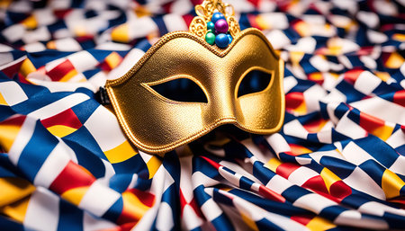 A golden venetian mask adorned with colorful jewels rests on a vibrant fabric with a checkered pattern, creating a festive and elegant scene.の写真素材