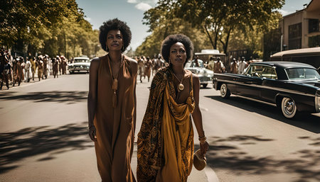 Two women in stylish 1970s attire are walking down a city street. One is wearing a brown dress with a tassel pendant, while the other wears a mustard yellow wrap dress with a gold necklace. The background is a bustling city street with cars and people.の写真素材