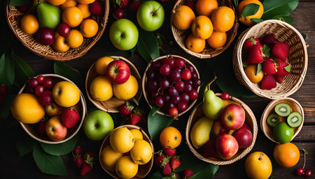 A variety of fresh fruits are arranged in bowls on a wooden background, creating a colorful and appetizing display. The fruits include apples, oranges, grapes, kiwi, pears, and strawberries, showing a vibrant and healthy selection.の写真素材