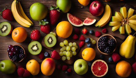 A variety of fresh fruits arranged on a wooden table, showcasing a vibrant display of colors and textures.の写真素材