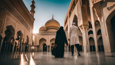 A couple walks together through a beautiful mosque courtyard.の写真素材