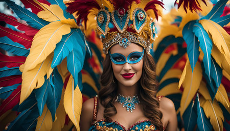 A woman wearing a colorful costume with feathers and a mask smiles at the camera during a carnival celebration.の写真素材