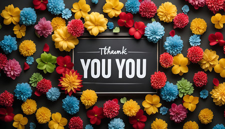A colorful arrangement of paper flowers surrounds a black chalkboard with the message 'Thank You'. The image is a flat lay, creating a visually appealing and heartfelt message of appreciation.の写真素材