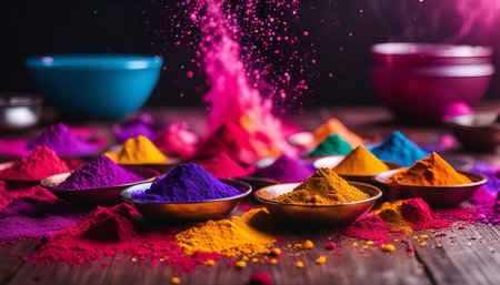 A festive display of Holi colors in powder form, ready for celebration. The vibrant hues and joyful atmosphere are captured in this image, representing the spirit of Holi.の写真素材