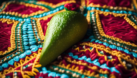 A close-up shot of a green betel nut resting on a colorful fabric with intricate embroidery. The fabric displays vibrant shades of red, yellow, and blue, creating a visually captivating backdrop.の写真素材