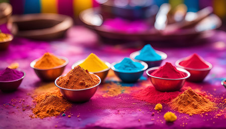 Closeup of colorful Holi powder in bowls, ready for celebration. The vibrant powders represent the joy and festivity of the Indian festival of Holi.の写真素材